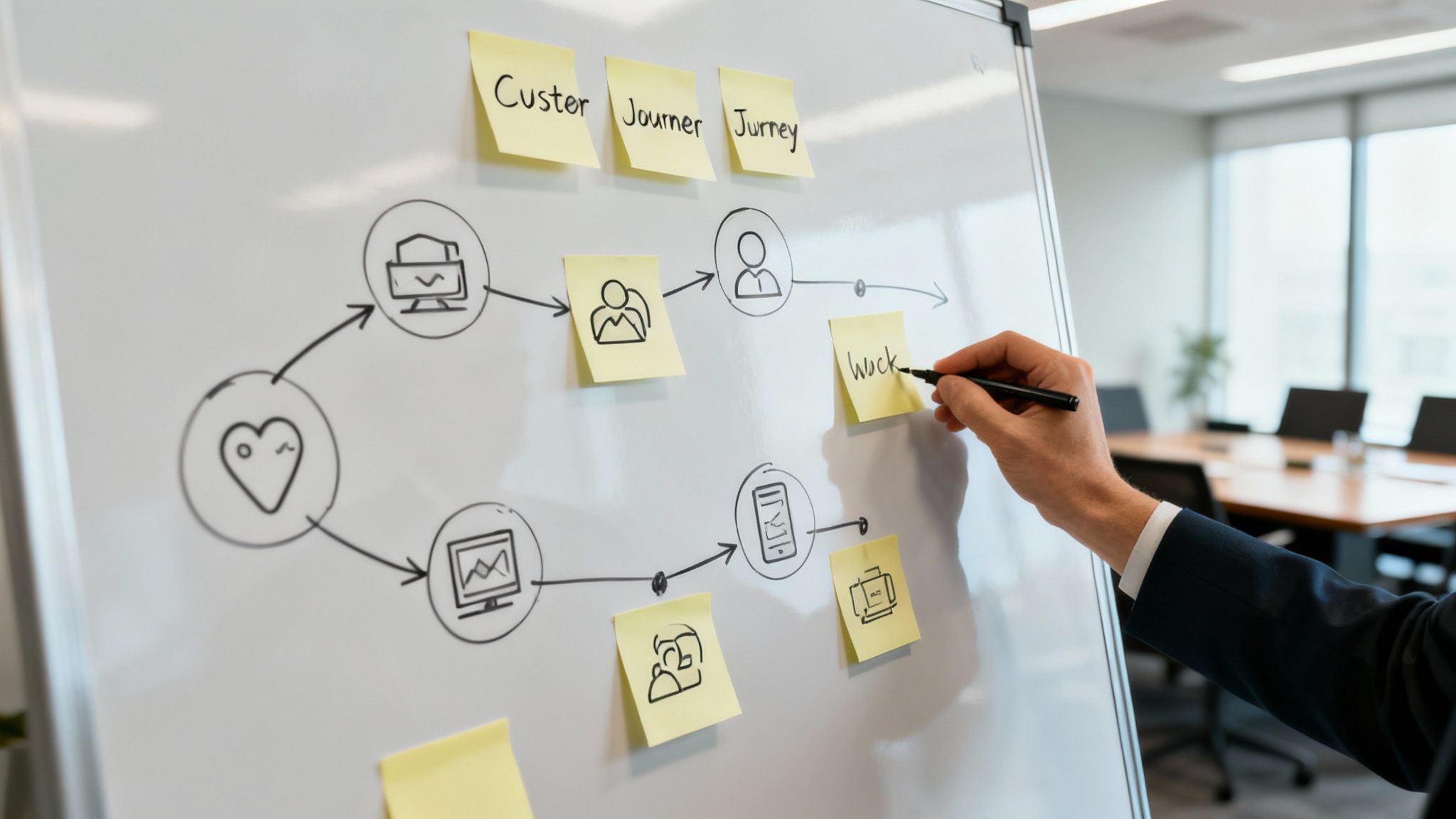 A person using a whiteboard to outline the stages of a customer journey with sticky notes.