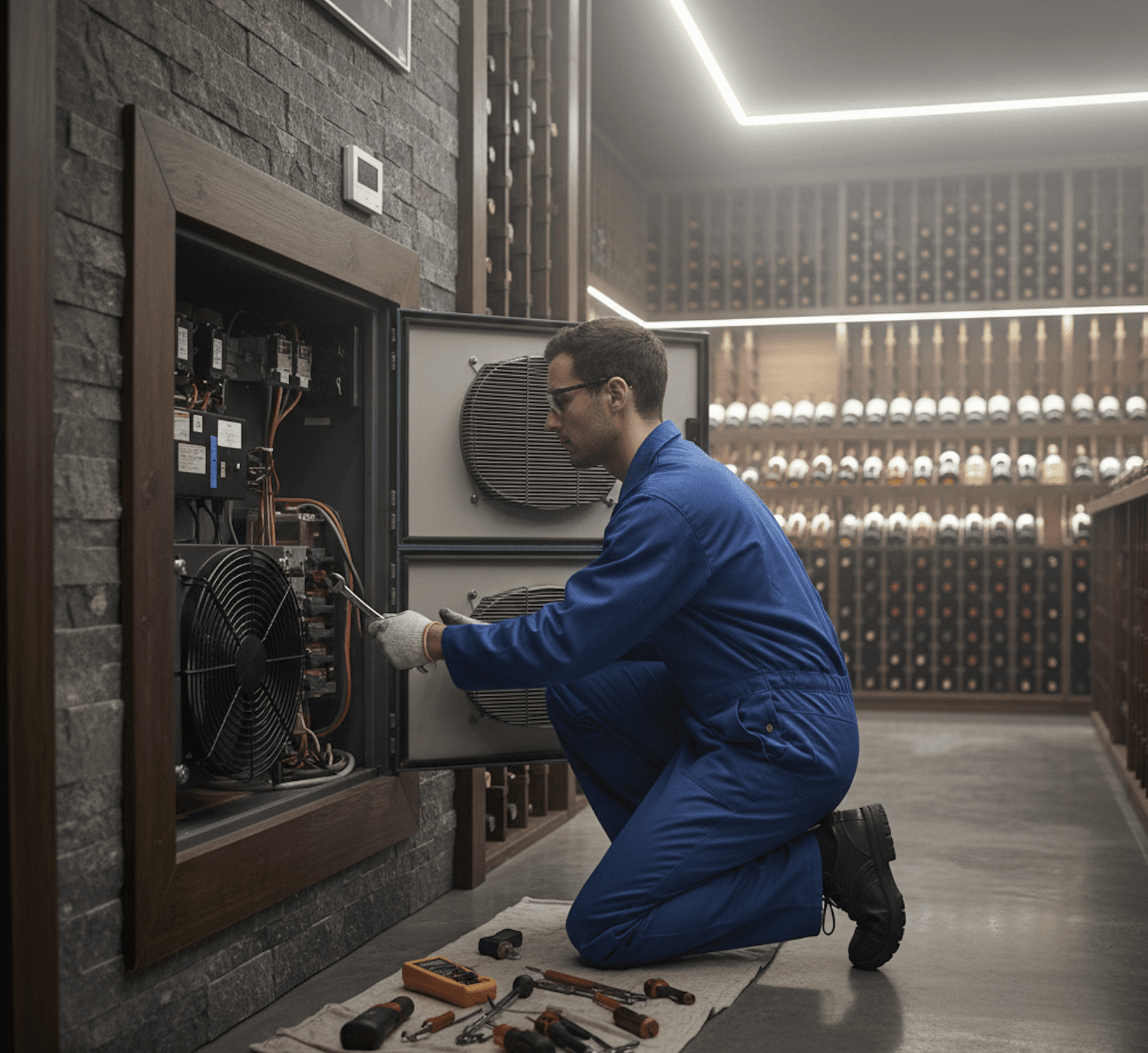refrigeration technician servicing a wine cellar cooling unit inside of a custom traditional wine cellar