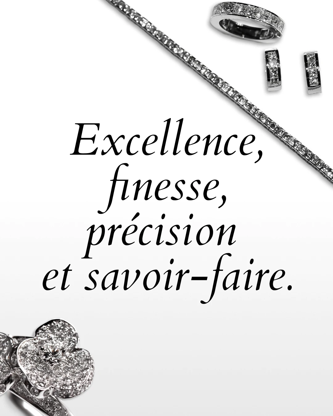 Visuel éditorial "Excellence, finesse, précision et savoir-faire" avec bijoux sur-mesure en noir et blanc — univers de marque Atelier Stell Créatrices, joaillerie toulousaine, Tartelette Concept