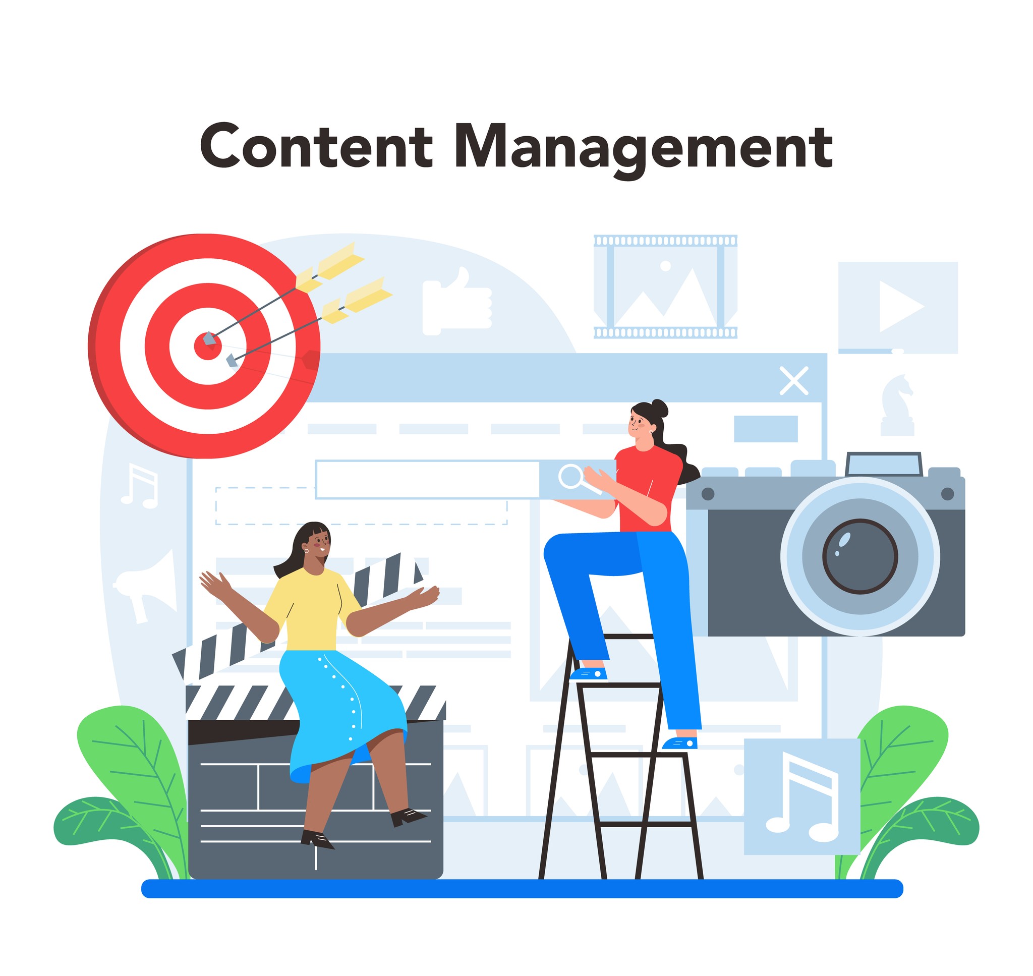 A visual representation of content management and marketing strategies, showcasing digital tools and collaborative efforts.