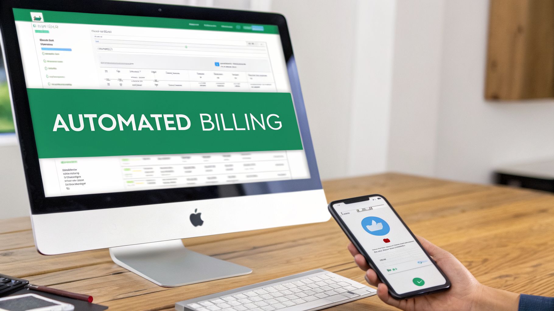 A person uses a desktop computer displaying automated billing software and holds a smartphone.