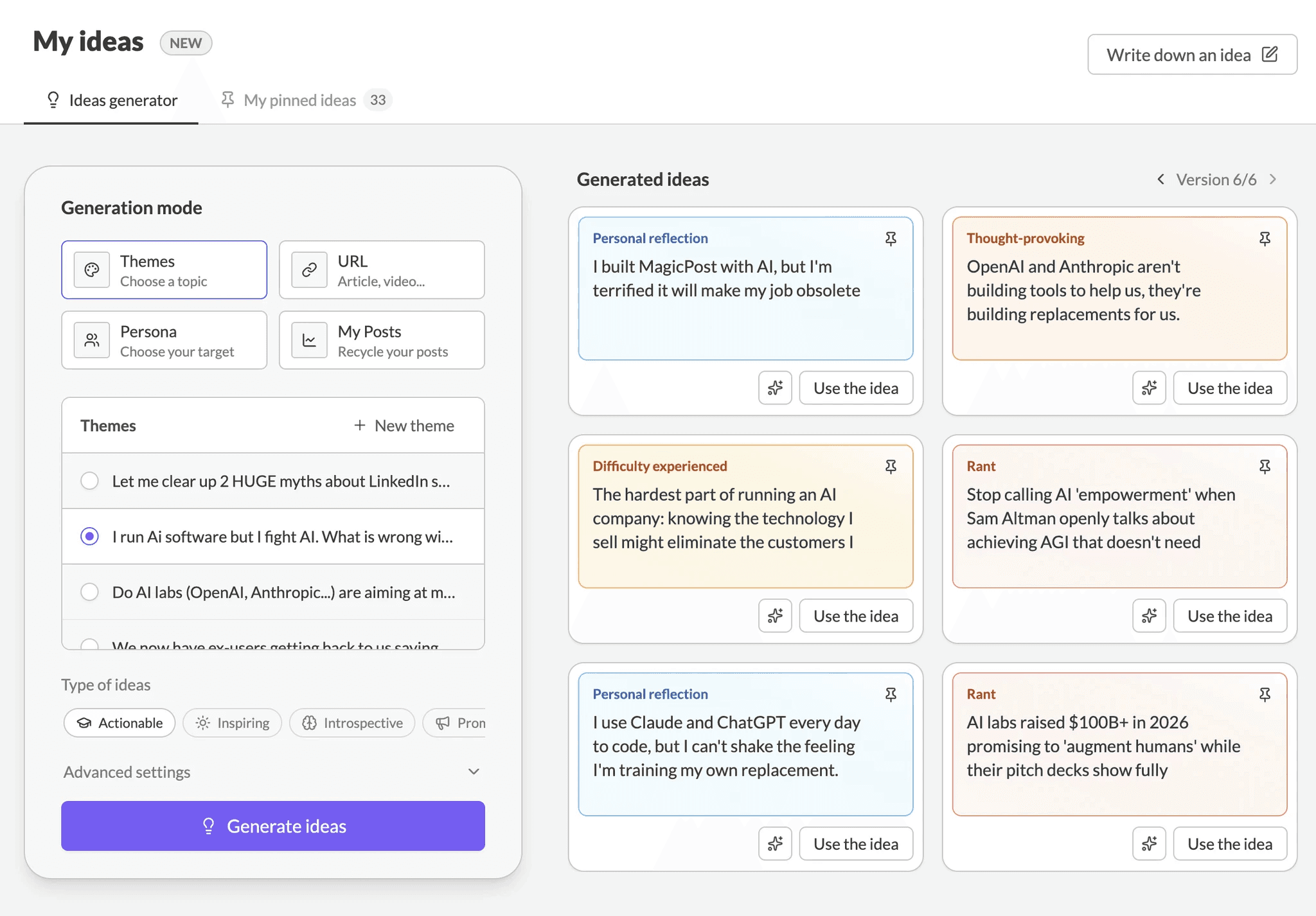 MagicPost's LinkedIn idea generator
