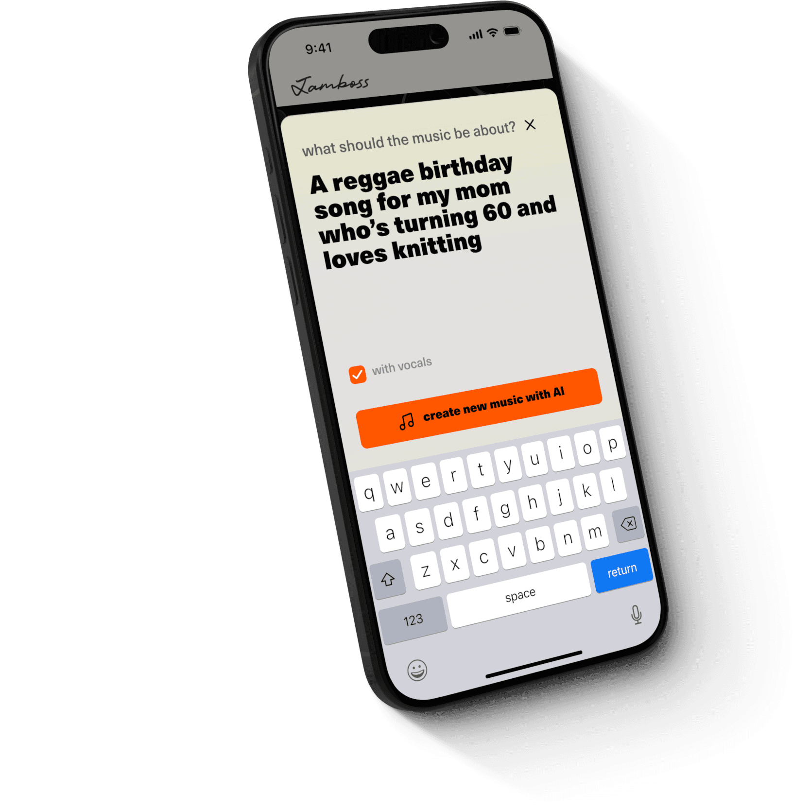 An image displaying the Jamboss app showing the text "What should the music be about" and below an example "A Reggae birthday song for my mom who's turning 60 and loves knitting", finally a button with the text "create new music with AI"