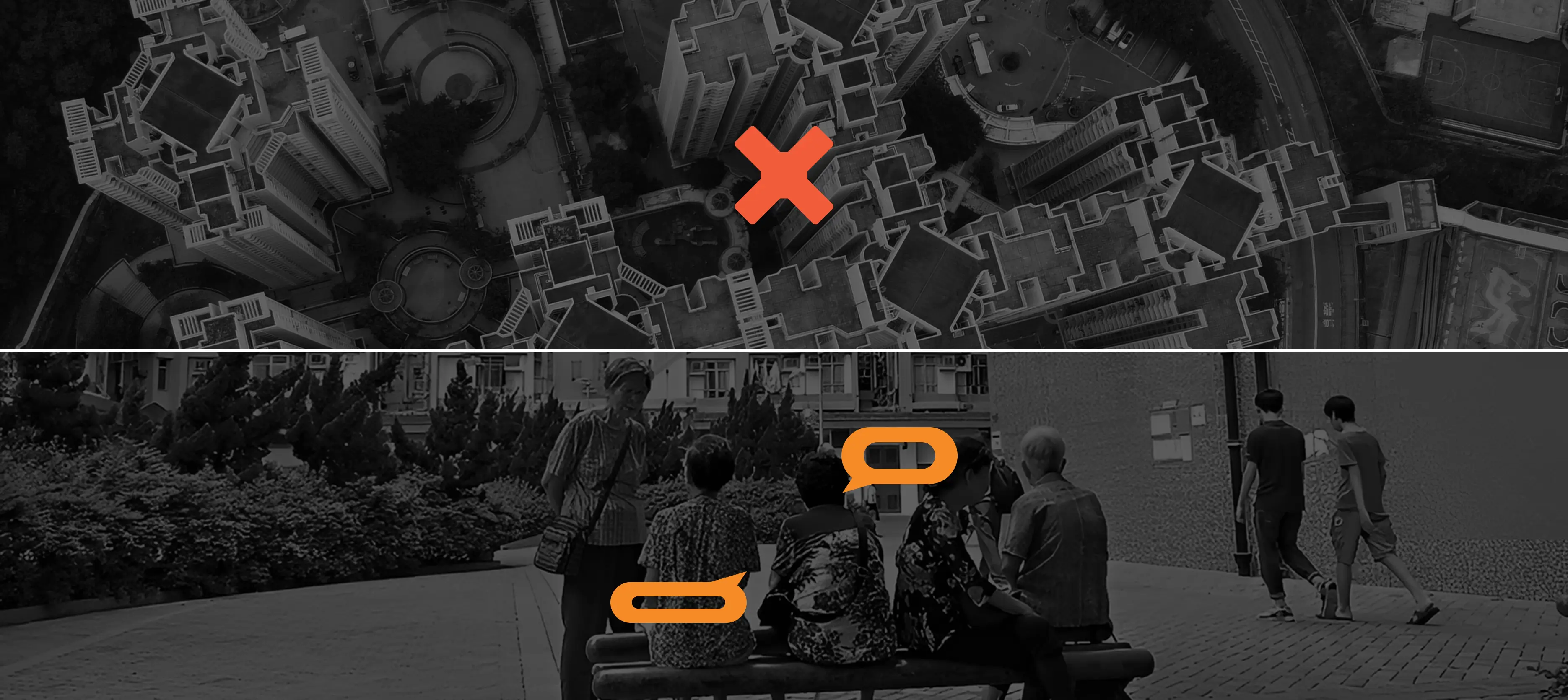 HK Public Housing visual identity detail – high-rise estates collage with orange-red palette and bold typography symbolising community heritage by Teatime Studio.