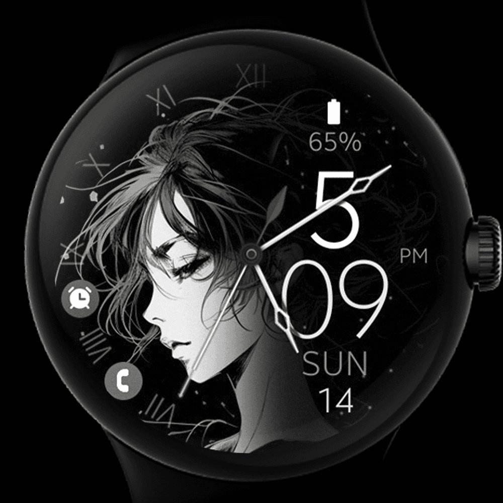 Pixel Watch displaying an anime watch face