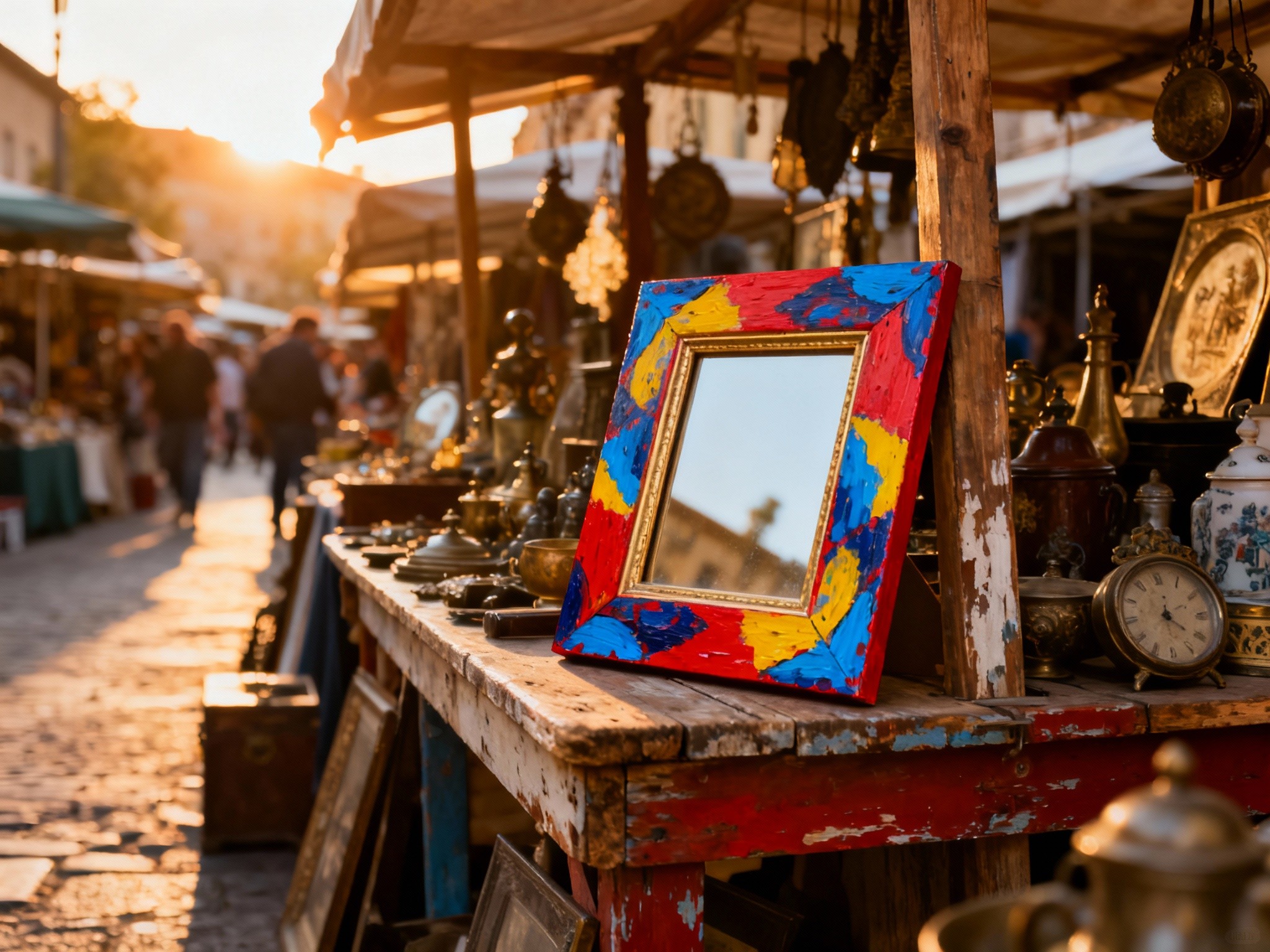 A wide panorama of an outdoor vintage market at golden hour, focusing on a hand-painted, colorful