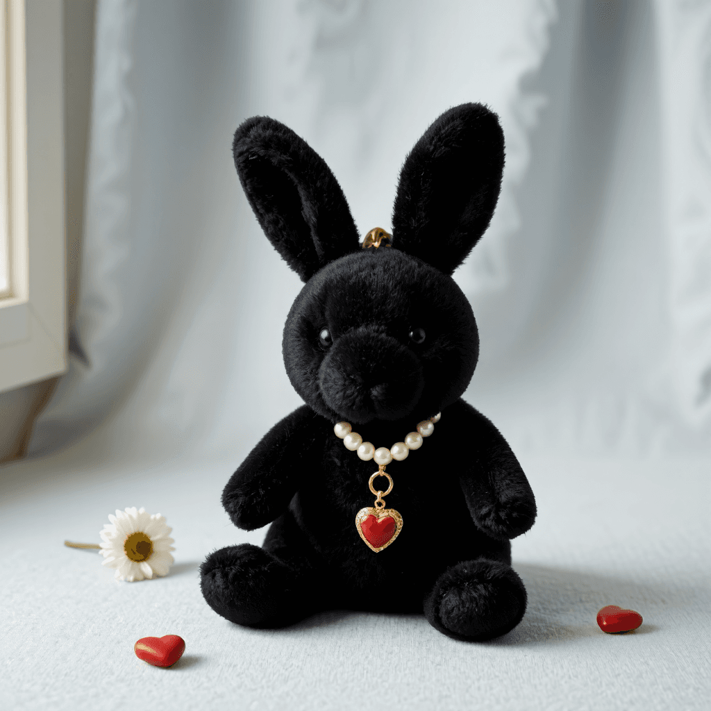 product photography of a plush keychain of a black bunny