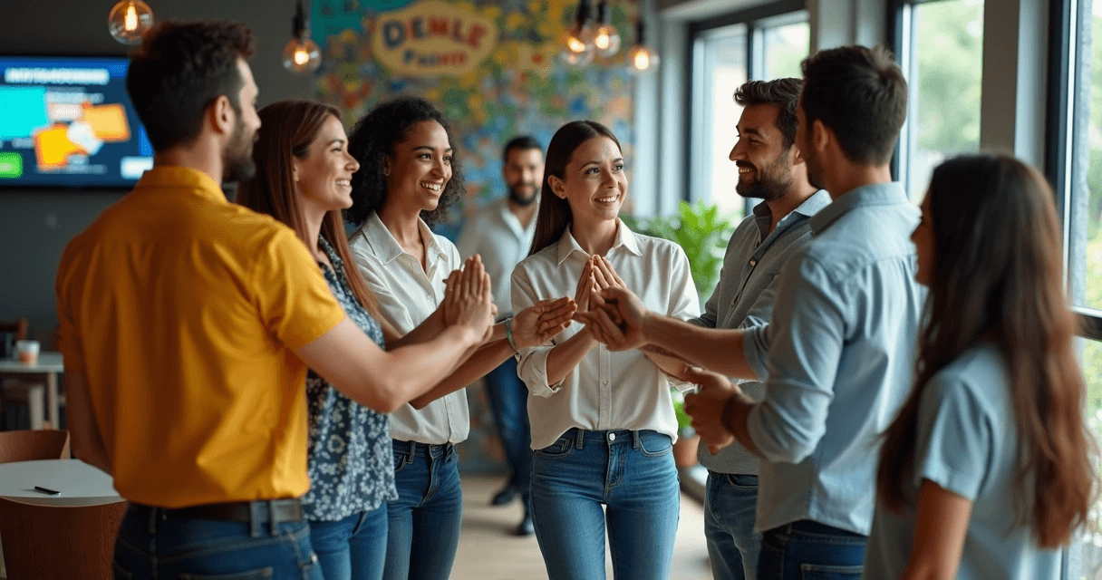 Colaboradores diversos celebrando reconhecimento em diferentes formatos