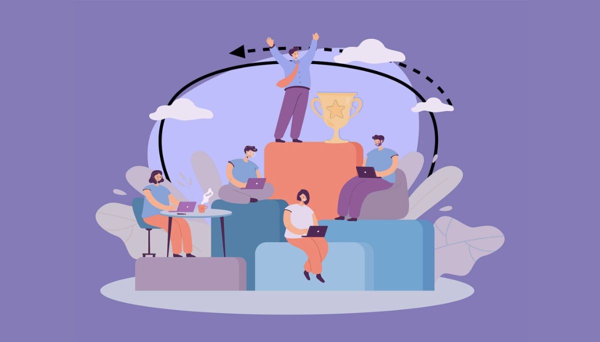 Illustration of five people working on laptops at different levels, with one person standing on the highest platform beside a large gold trophy and raising their arms in celebration—symbolizing the skills, progress, and standout performance that lead to career advancement and promotions.