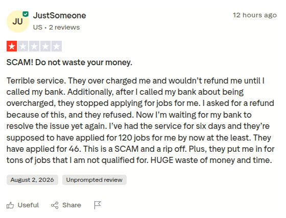 1-star JobHire.ai review reporting 46 applications instead of the promised 120
