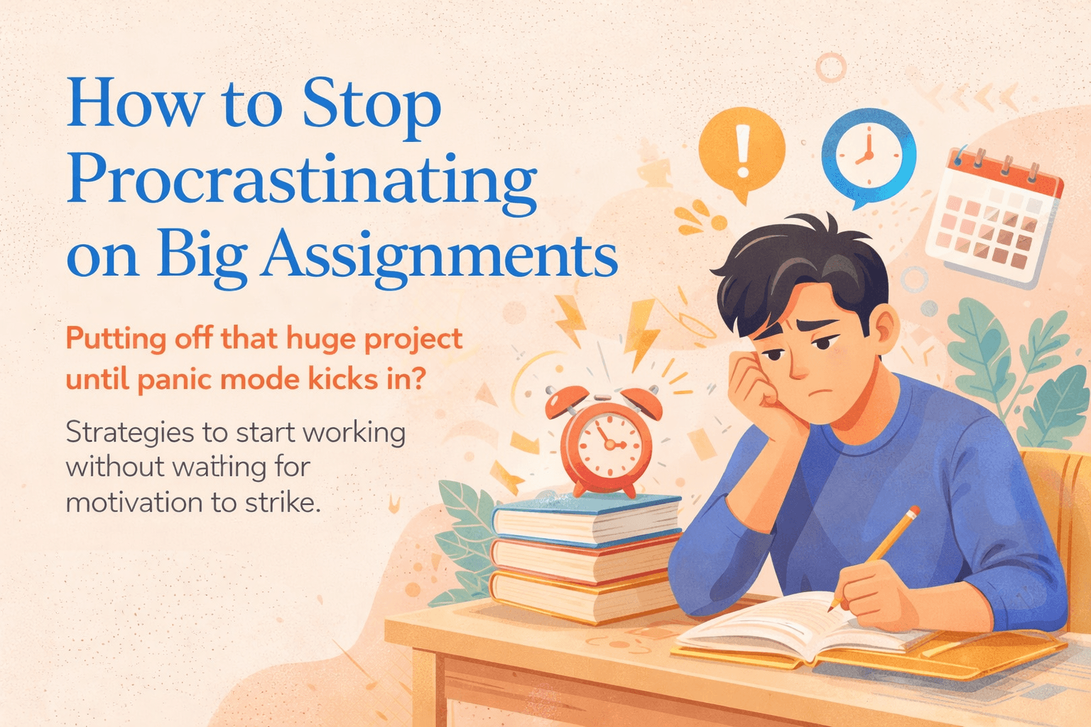 How to Stop Procrastinating on Big Assignments, stressed student with alarm clock and books showing deadline stress.