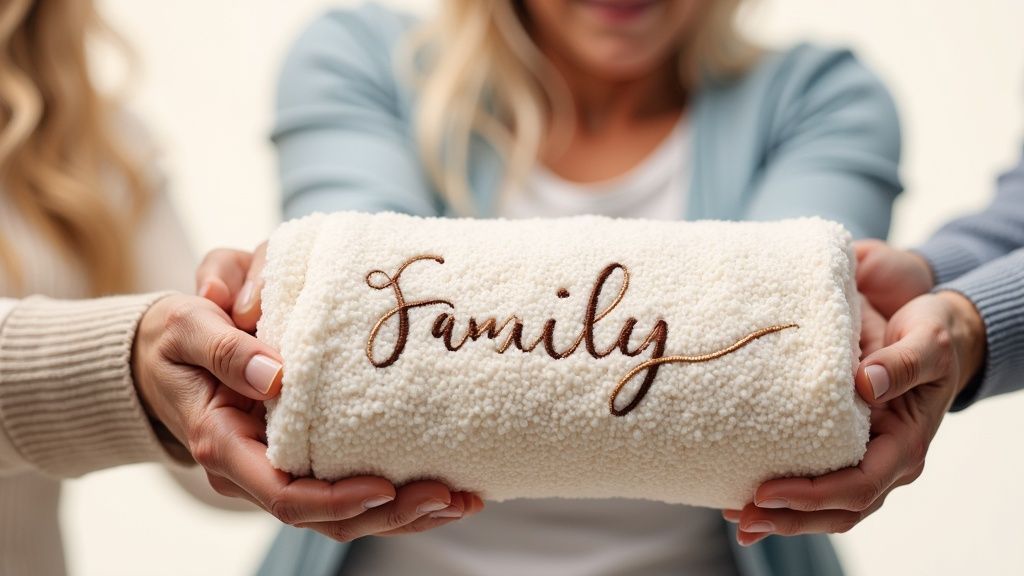 Close-up of three people's hands holding a cream blanket embroidered with the word 