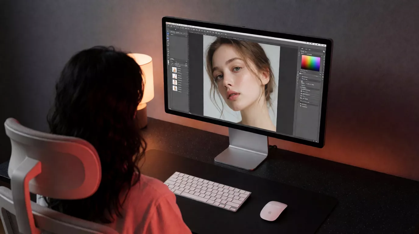 Photographe professionnelle retouchant un portrait de femme sur un grand écran d'ordinateur dans un bureau