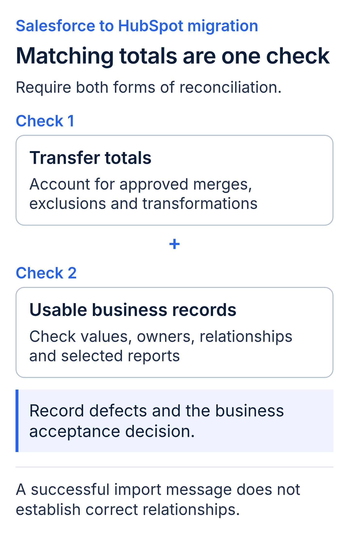 Migration acceptance has two checks: reconcile transfer totals with approved changes, then verify usable records, ownership, relationships and reports. Record defects and the business acceptance decision.