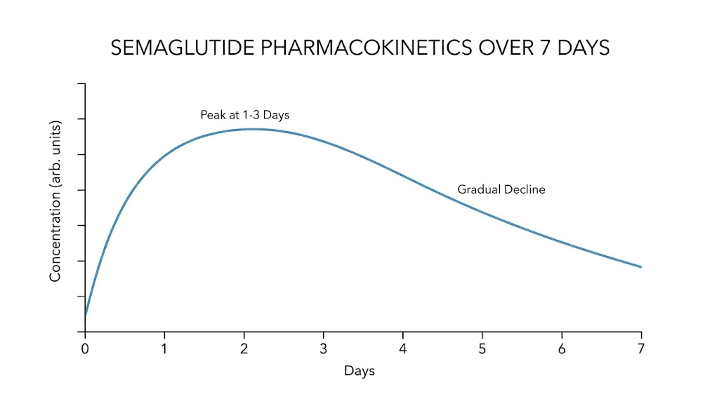 Semaglutide half-life pharmacokinetics curve showing weekly drug concentration levels