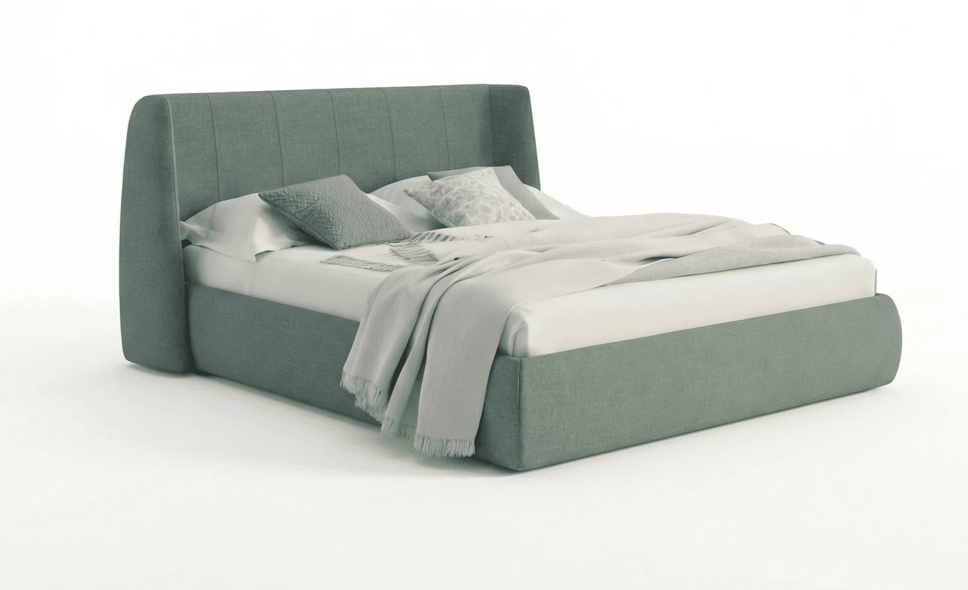 Fabric‑clad bed with slim headboard, rounded corners, and compact footprint