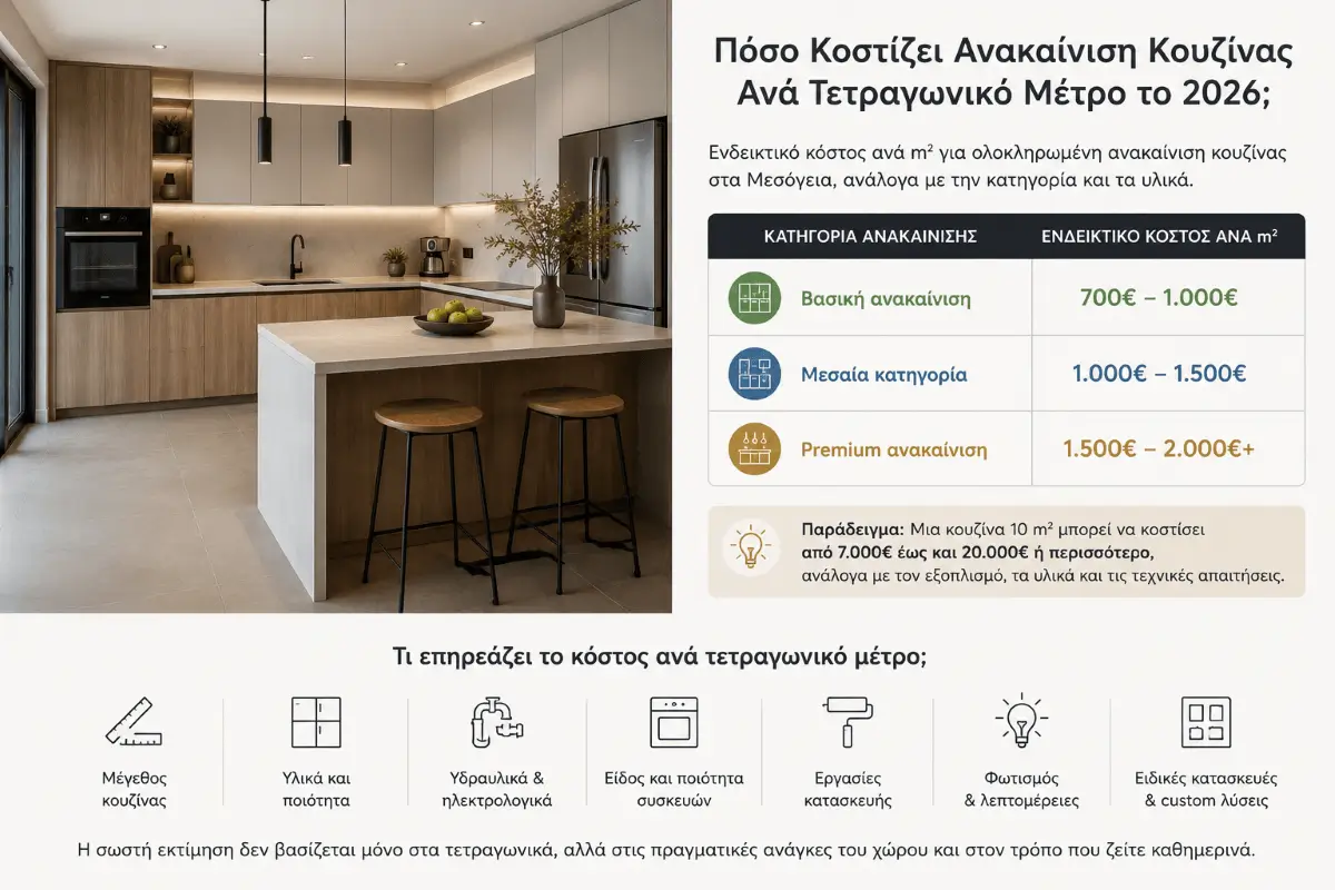 Σύγχρονη ανακαινισμένη κουζίνα στα Μεσόγεια με πίνακα κόστους ανακαίνισης ανά τετραγωνικό μέτρο το 2026, που παρουσιάζει ενδεικτικές τιμές για βασική, μεσαία και premium ανακαίνιση