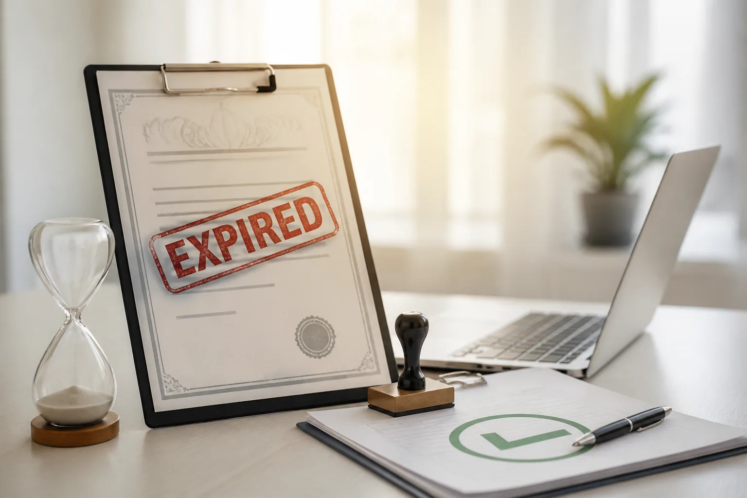 Dubai Trade License Expired beside a Dubai trade license document and a modern office building