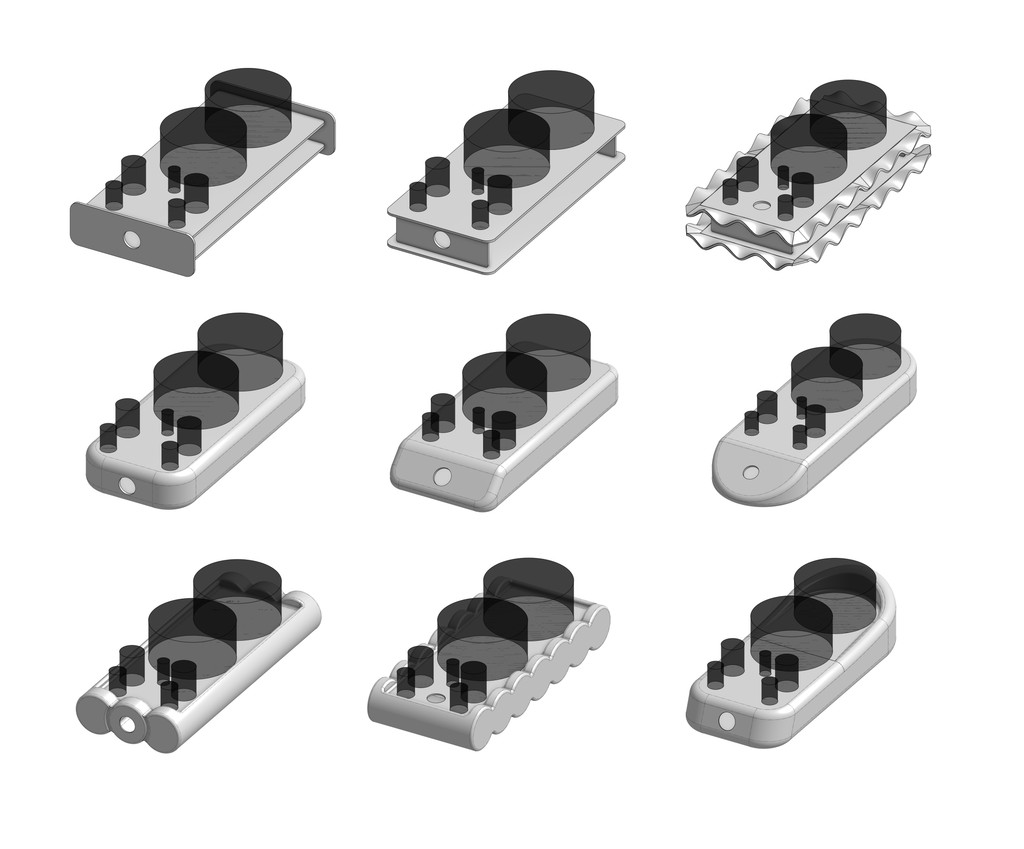 9 different 3D models of an audio amplifer modeled in CAD.