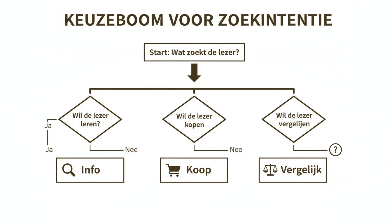 Keuzeboom voor zoekintentie, met vragen over leren, kopen of vergelijken, leidend tot informatie, koop of vergelijk content.