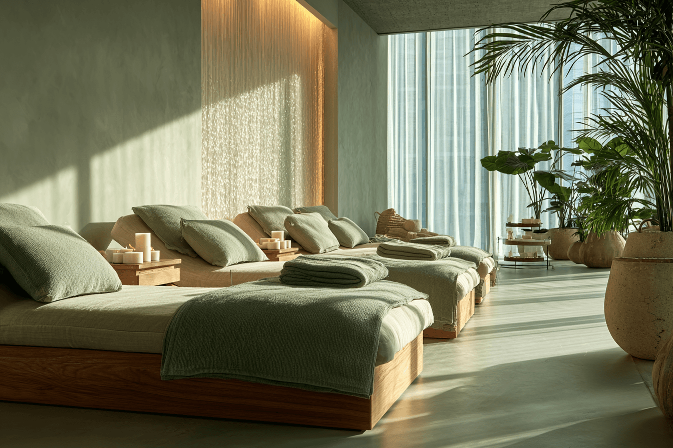 A serene and elegant spa space with wooden reclining chairs and white cushions. Golden sunlight filters through a cascading water feature, creating a peaceful atmosphere. Tropical plants and candles add to the relaxing ambiance.