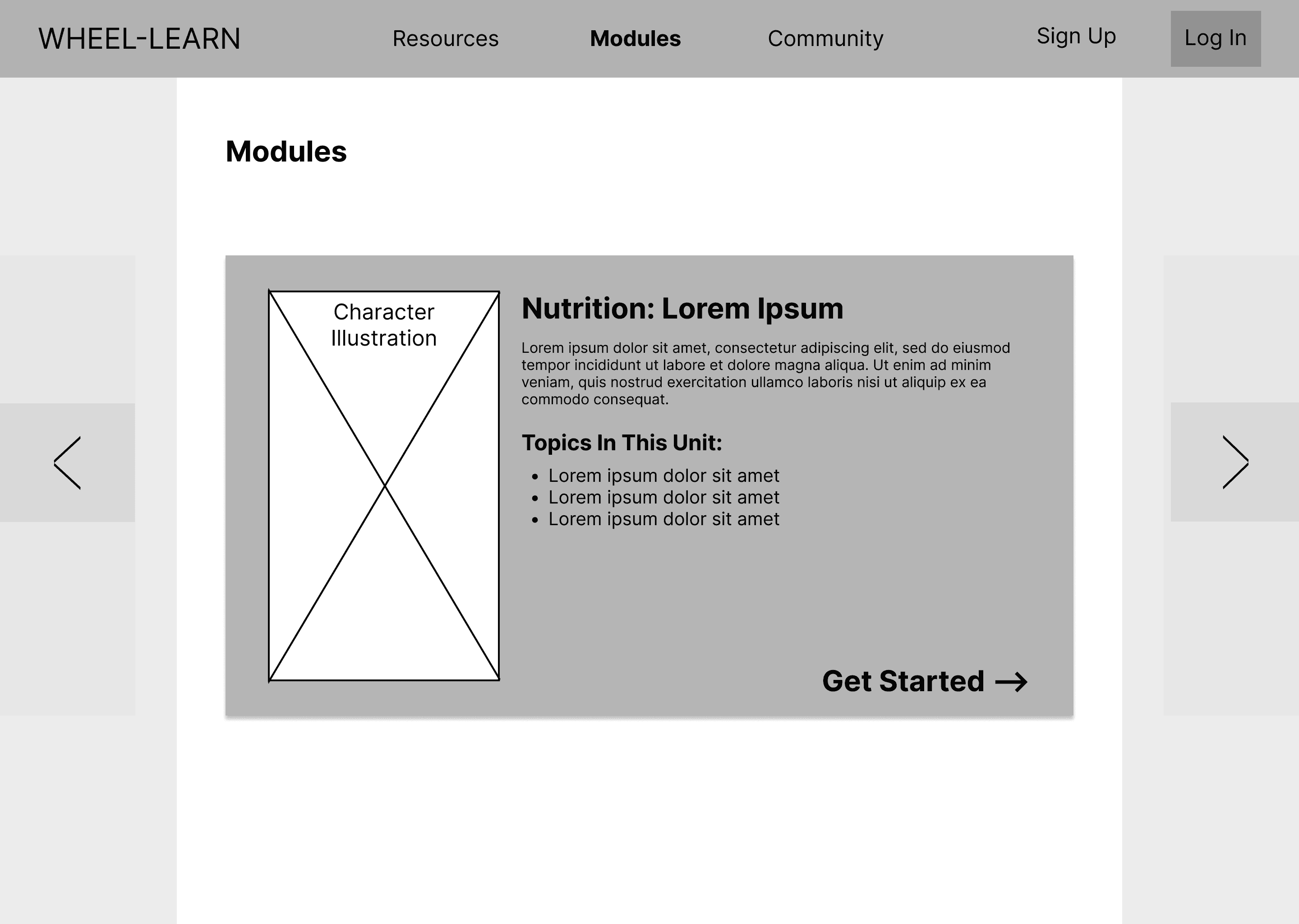 A grey wireframe that includes the same card with arrows on the left and right, with only the Lesson topics written on the card.
