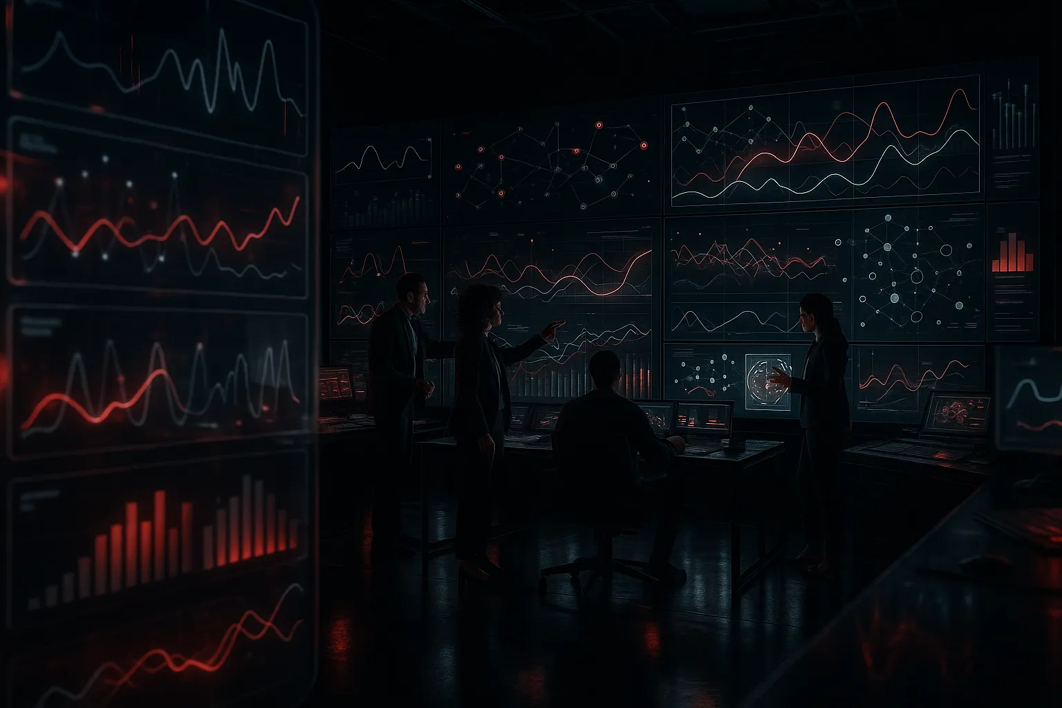 RockN' Socials team analyzes digital marketing data in a dark agency setting.