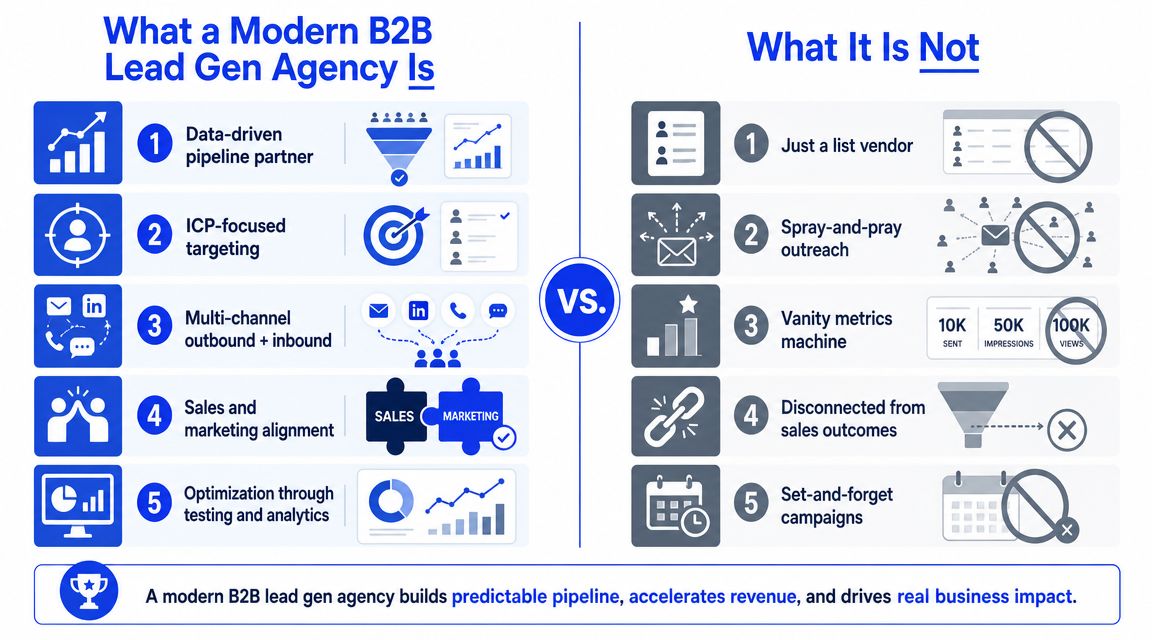 A comparison infographic showing the core characteristics of a modern B2B lead generation agency versus ineffective practices.