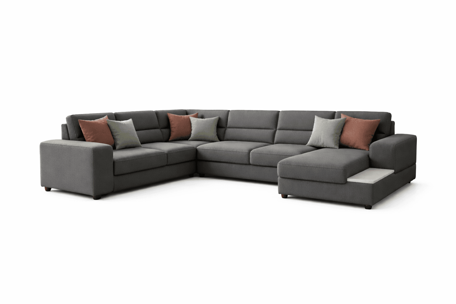 Modular sectional sofa with broad seating and layered accent cushions