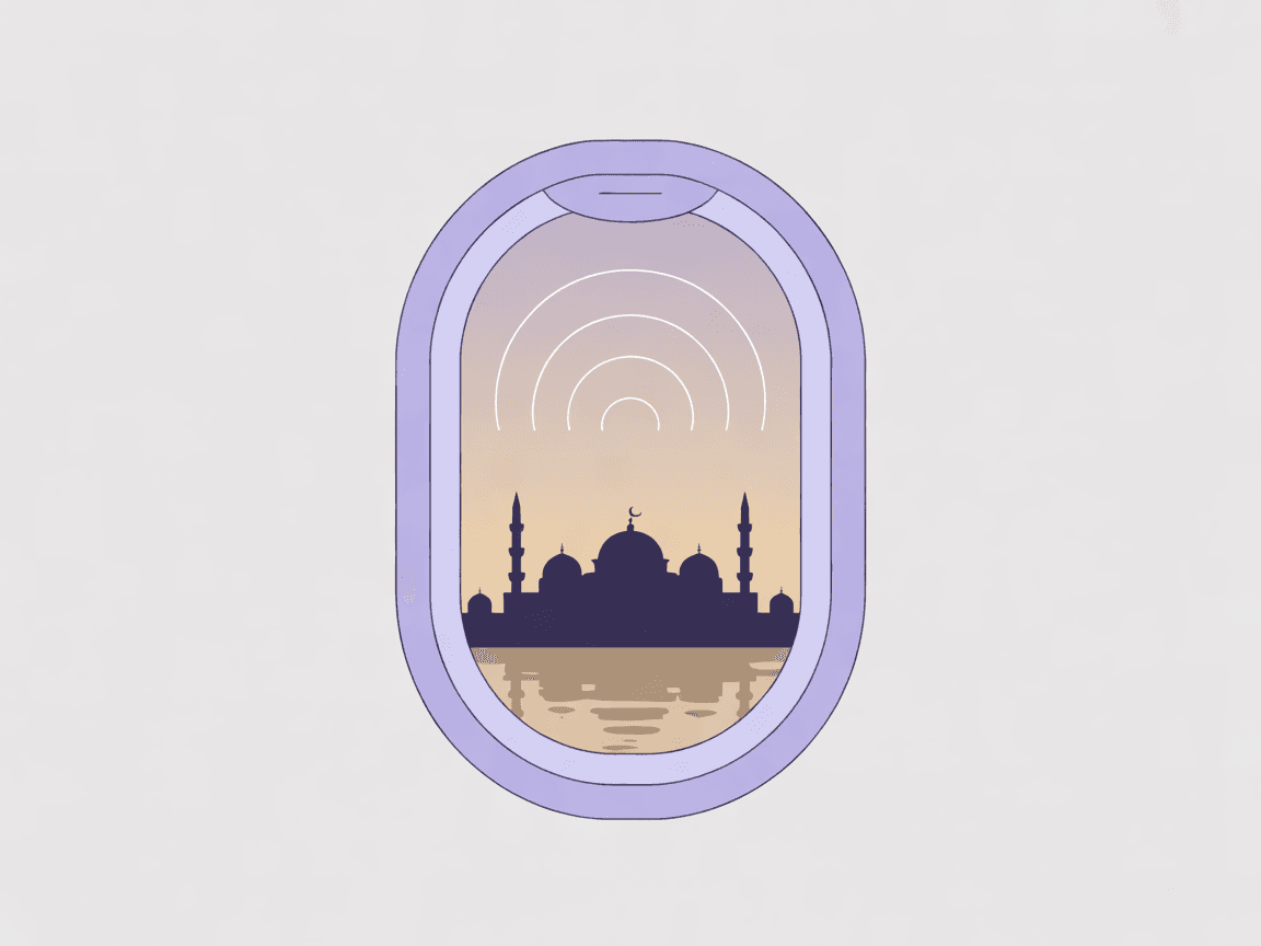 Signal arcs rising over an illustrated Istanbul skyline with the Bosphorus, seen through an aeroplane window