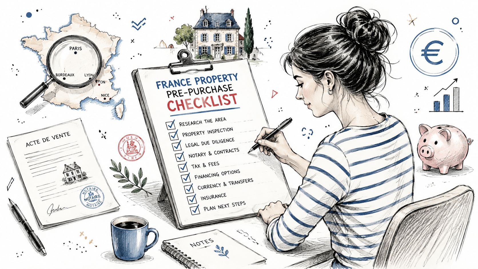 A woman sketching a checklist for buying property in France alongside real estate documents and financial symbols.