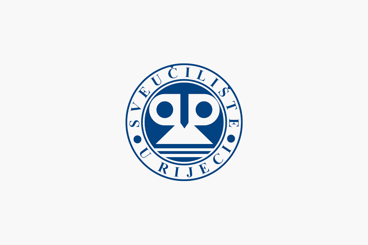 Sveučilište u Rijeci Logo. Stamp-style logo with words wrapping around the outside and an icon in the centre