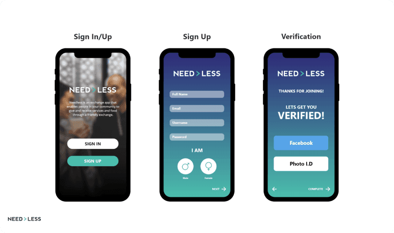 Three mobile phone screens display the onboarding flow for the NEED>LESS app. The first screen shows the sign-in/up page with options to "SIGN IN" or "SIGN UP" and a brief app description. The second screen is the sign-up form asking for full name, email, username, password, and gender selection. The third screen shows a verification step with a message "LET'S GET YOU VERIFIED!" and options to verify via Facebook or Photo I.D.