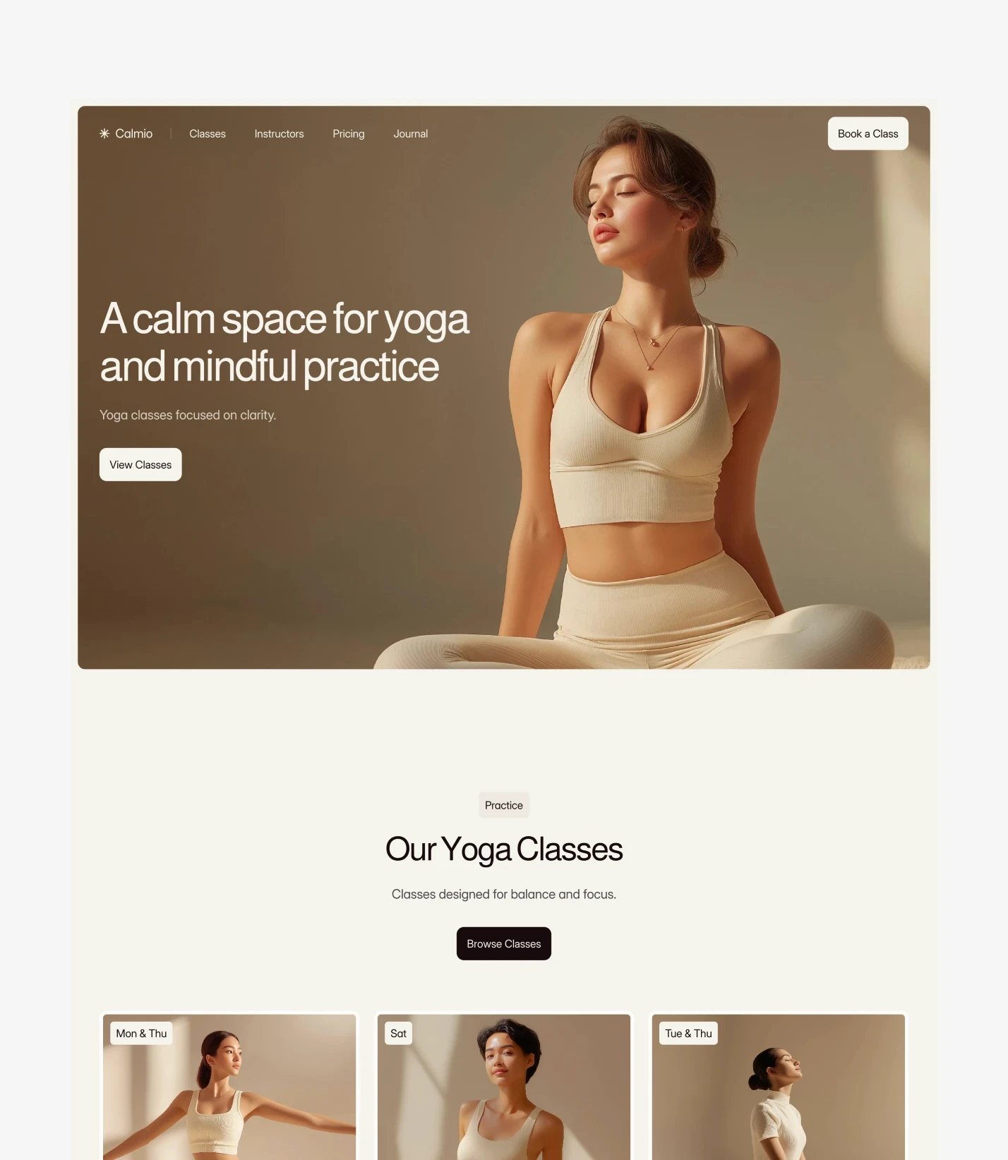 Yoga studio website template homepage with calm hero section and yoga class listings.