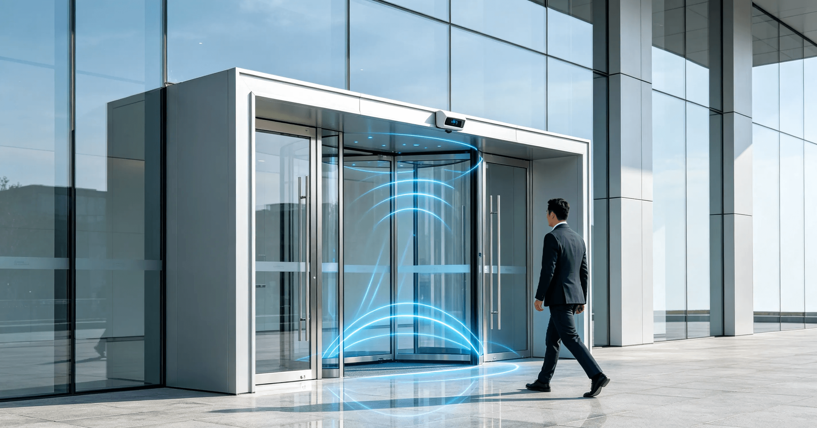 Automatic door sensor detecting users at a modern commercial building entrance