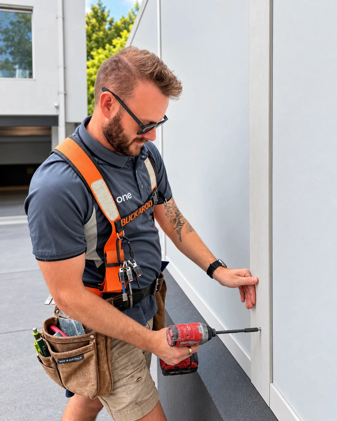 One Facilities tradesperson fixing a wall panel on a commercial building
