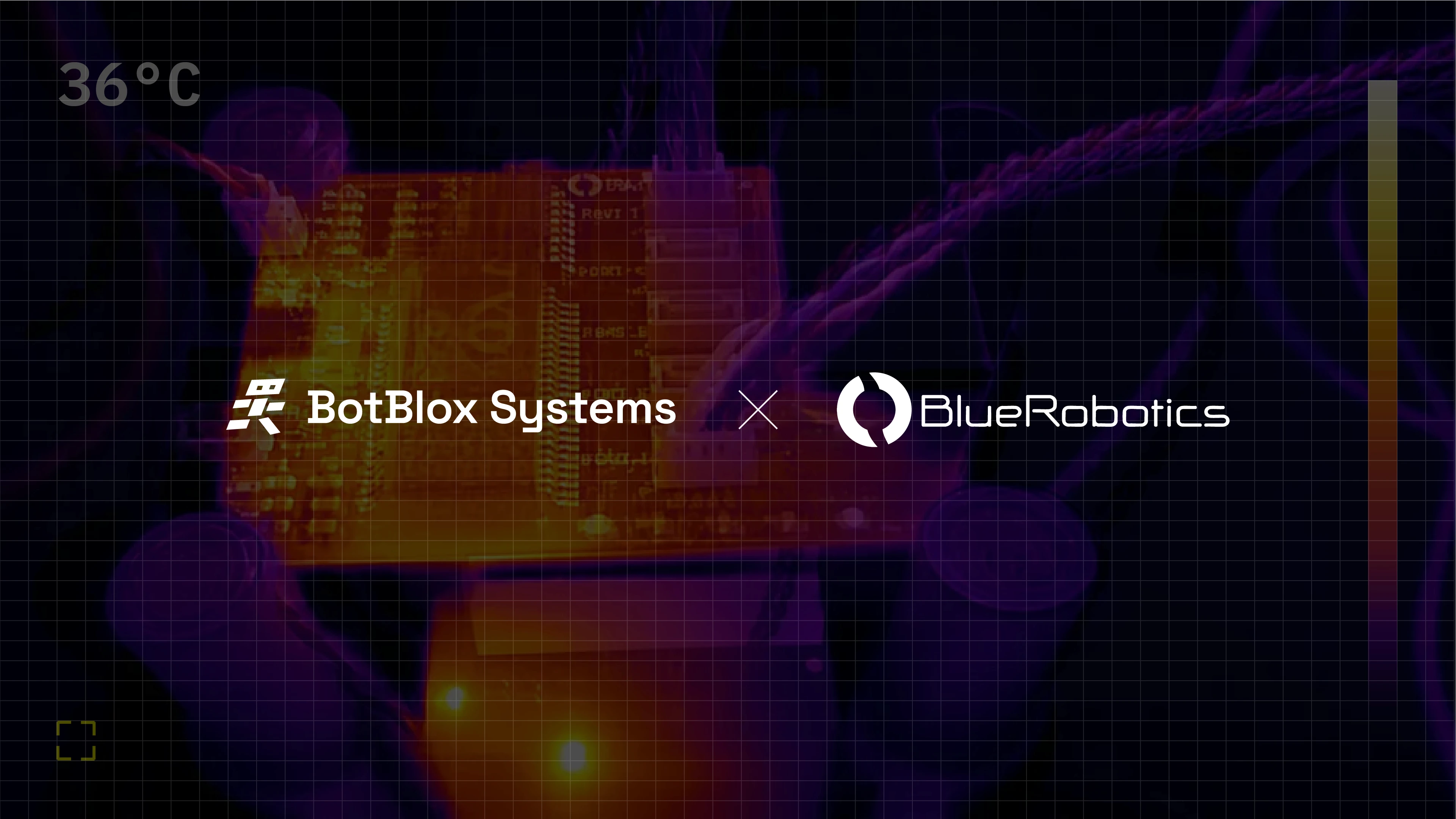 BotBlox Systems and Blue Robotics logos over a thermal-camera view of the Ethernet switch board