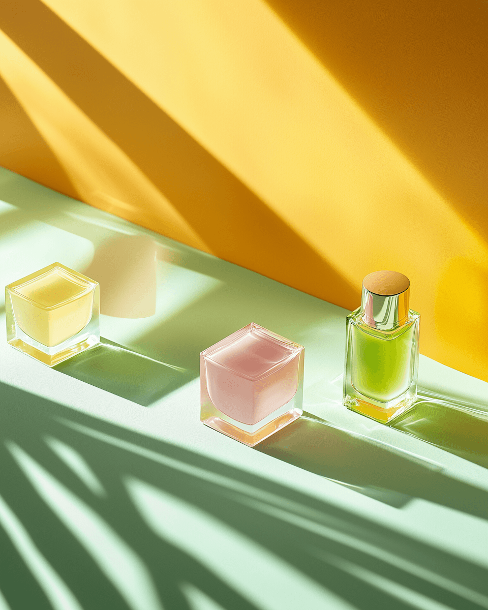 Three glass perfume bottles with pastel shades—yellow, pink, and green—are displayed on a mint green surface.