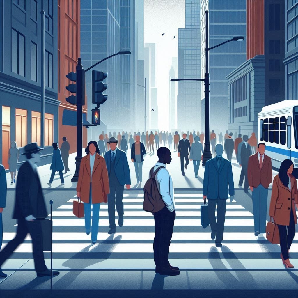 Illustration of a busy city street with a lone figure among diverse pedestrians on a crosswalk, tall buildings, and a bus. Cool colors convey a brisk, urban atmosphere. Represents isolation in the job market.