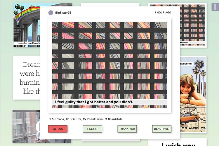 A screenshot of a social media post from BigSister75 shows a black grid of multicolored vertical stripes on a black background. Below the grid are three buttons: “ME TOO”, “I GET IT”, and “THANK YOU”. The post is dated “1 HOUR AGO” and includes text: “I feel guilty that I got better and you didn’t.” At the bottom are three small icons: a red circle labeled “ME TOO”, a green circle labeled “I GET IT”, and a green circle labeled “THANK YOU”. The post is part of a collage of images, including one with a rainbow archway and another with a girl in a beach scene.