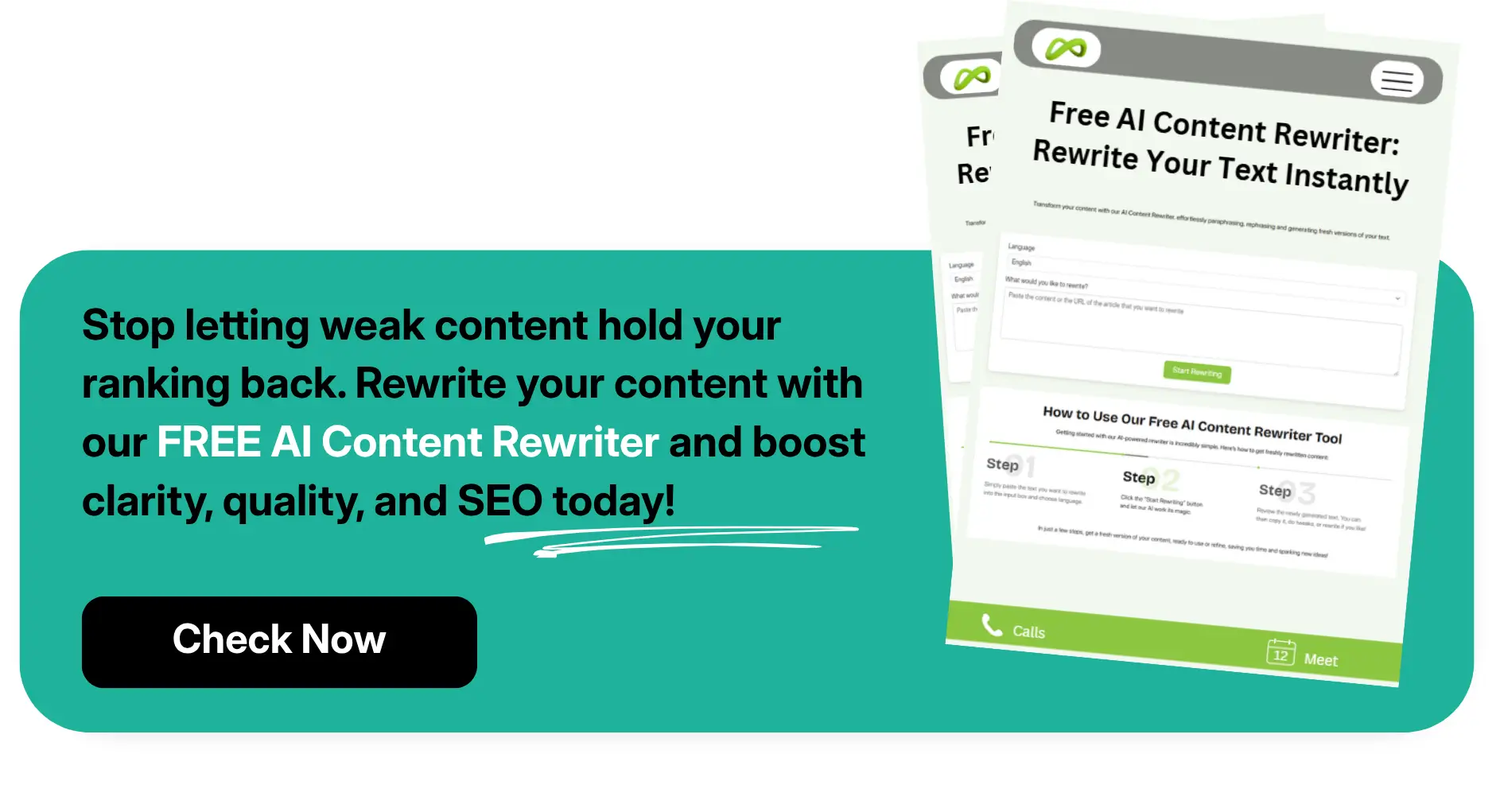 A call-to-action of Coozmoo's Free AI content rewriter tool