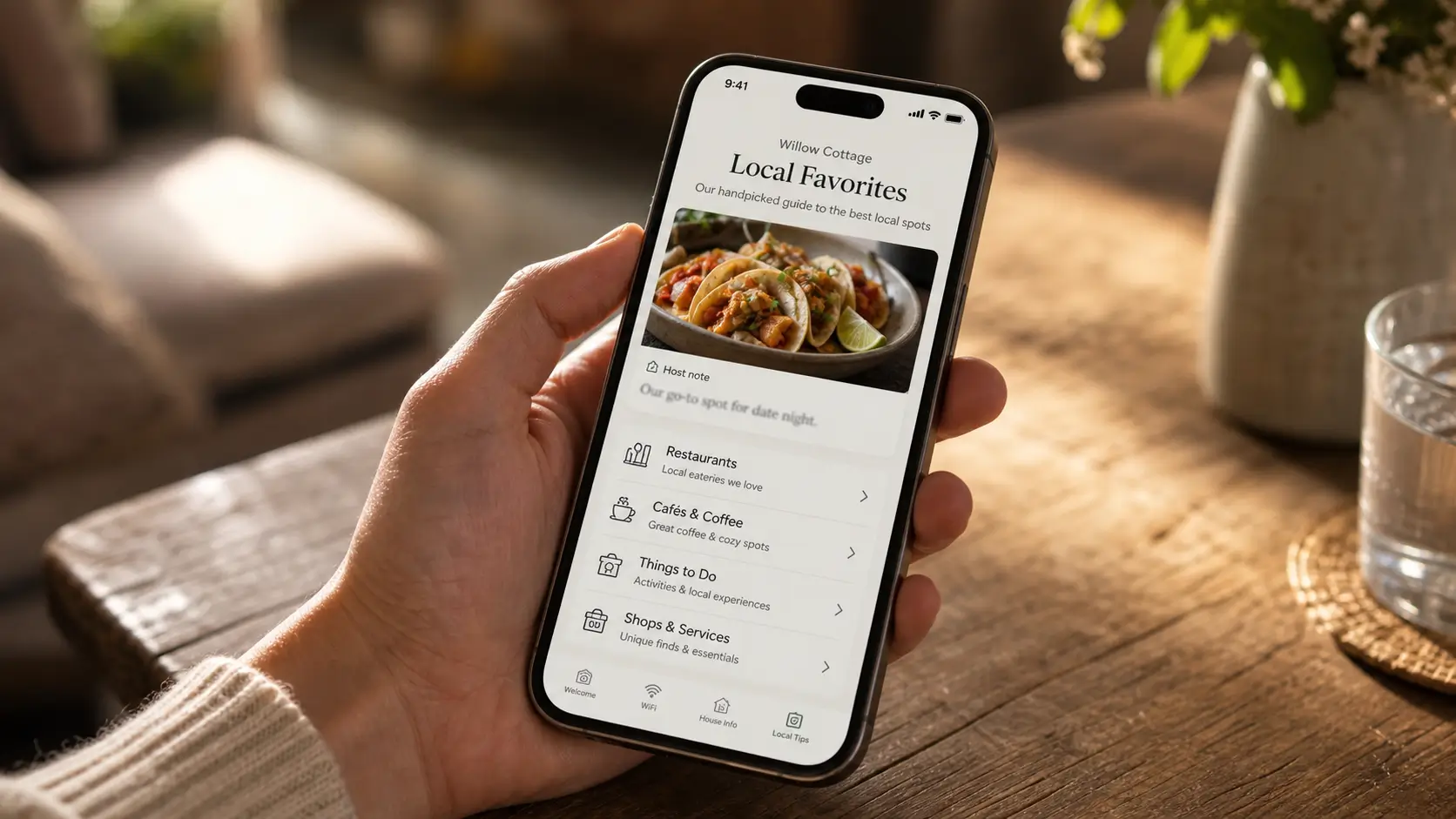 Welcome book local favorites page with a restaurant photo open on a phone.