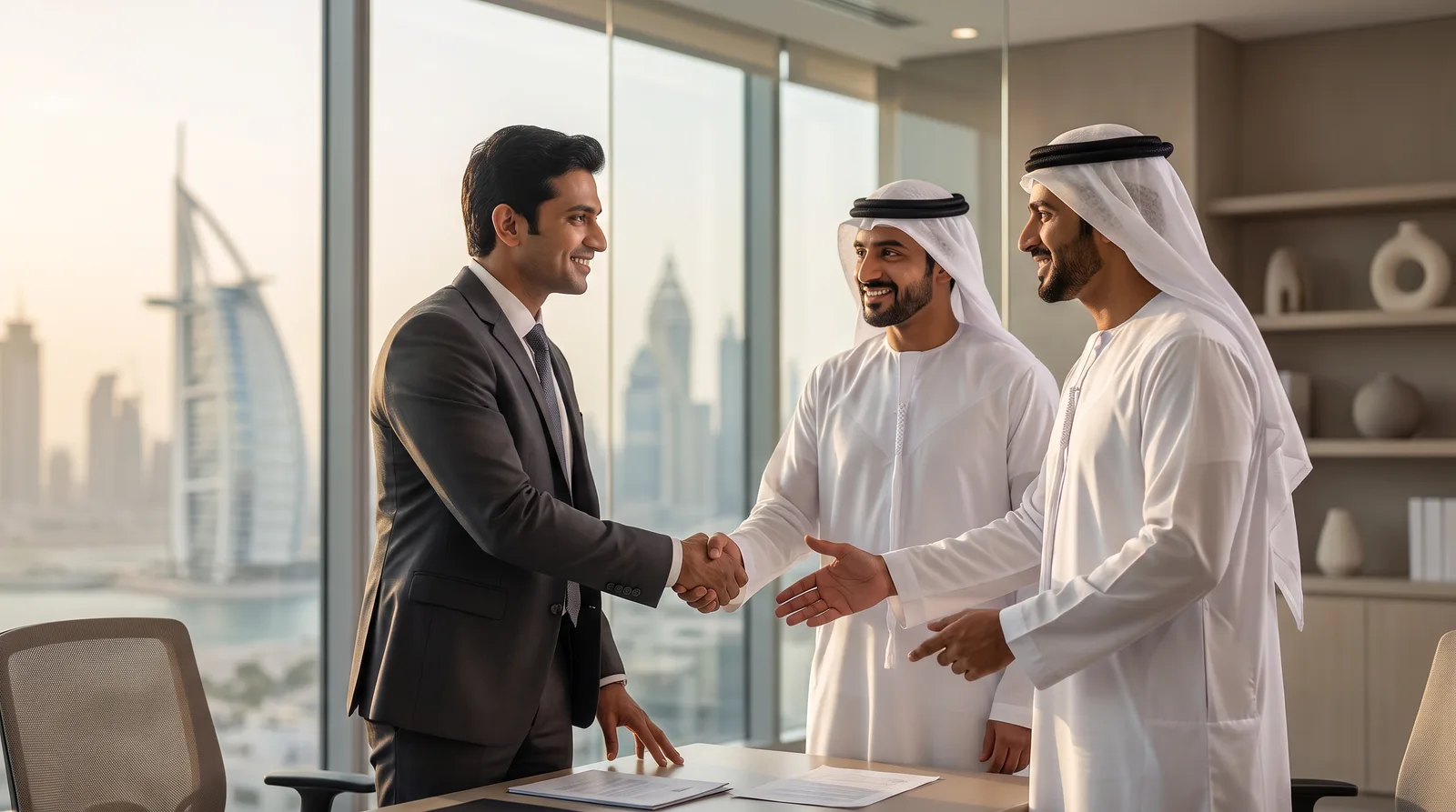 Indian founder reviewing company funding and bank documents at a Dubai office