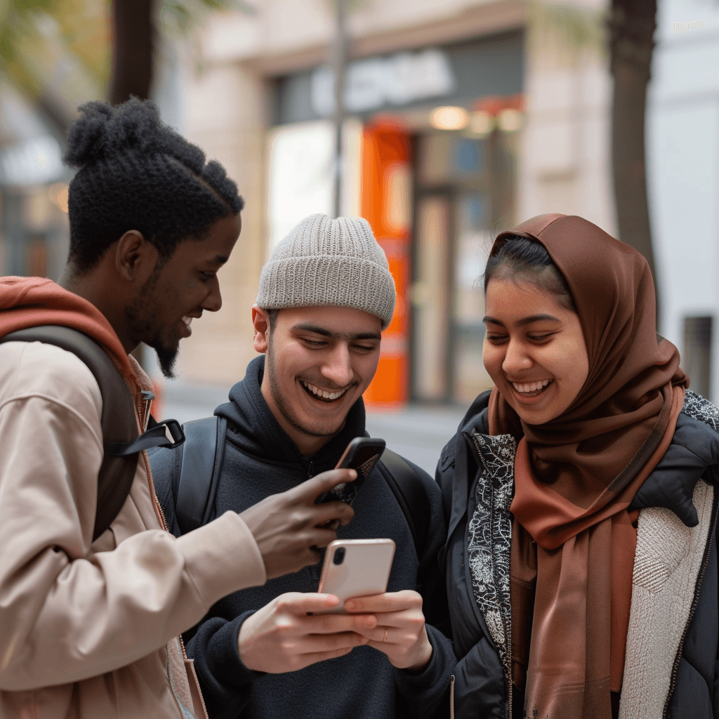 Groupe d’amis consultant un téléphone, partage et invitation dans une tontine en ligne