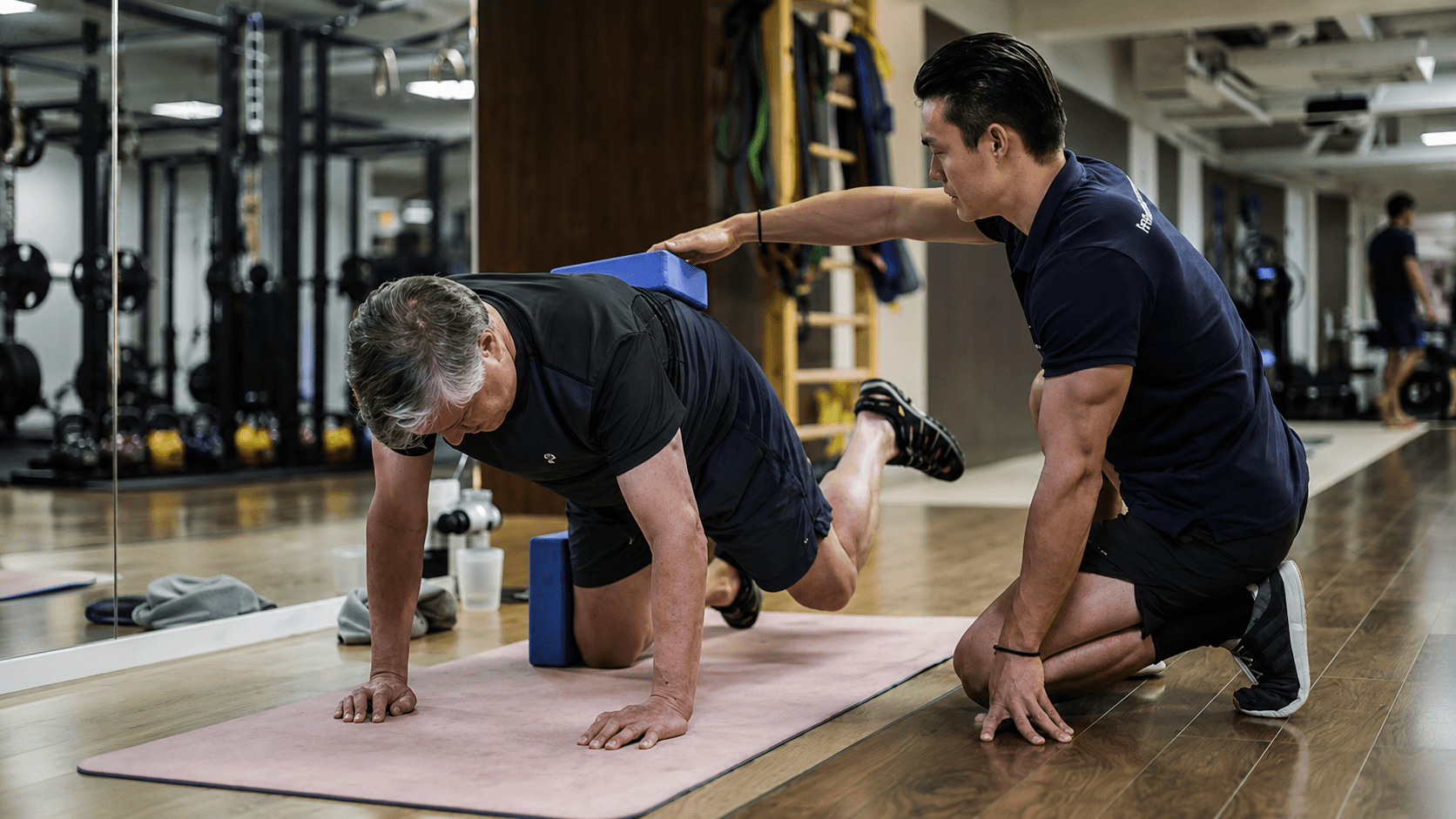 Elderly individual participating in a fall prevention program to improve balance, strength, and mobility at Ember & Ice Health in Bangalore.