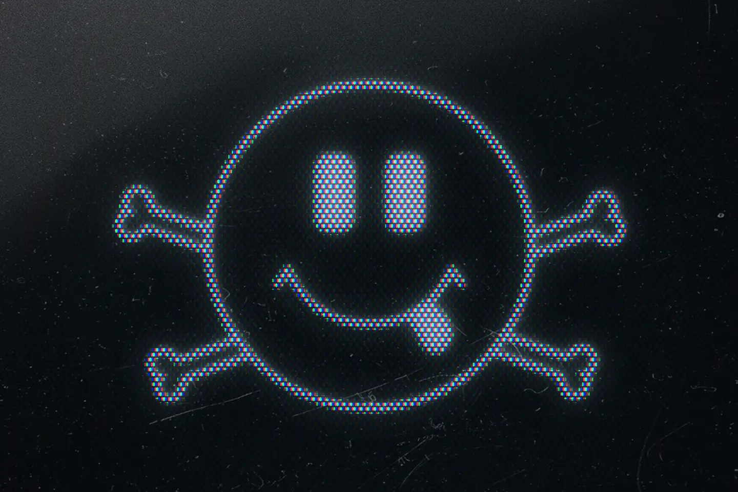 Retro CRT Monitor Mockup with a pixelated blue smiley face and crossbones showing realistic screen noise and dust