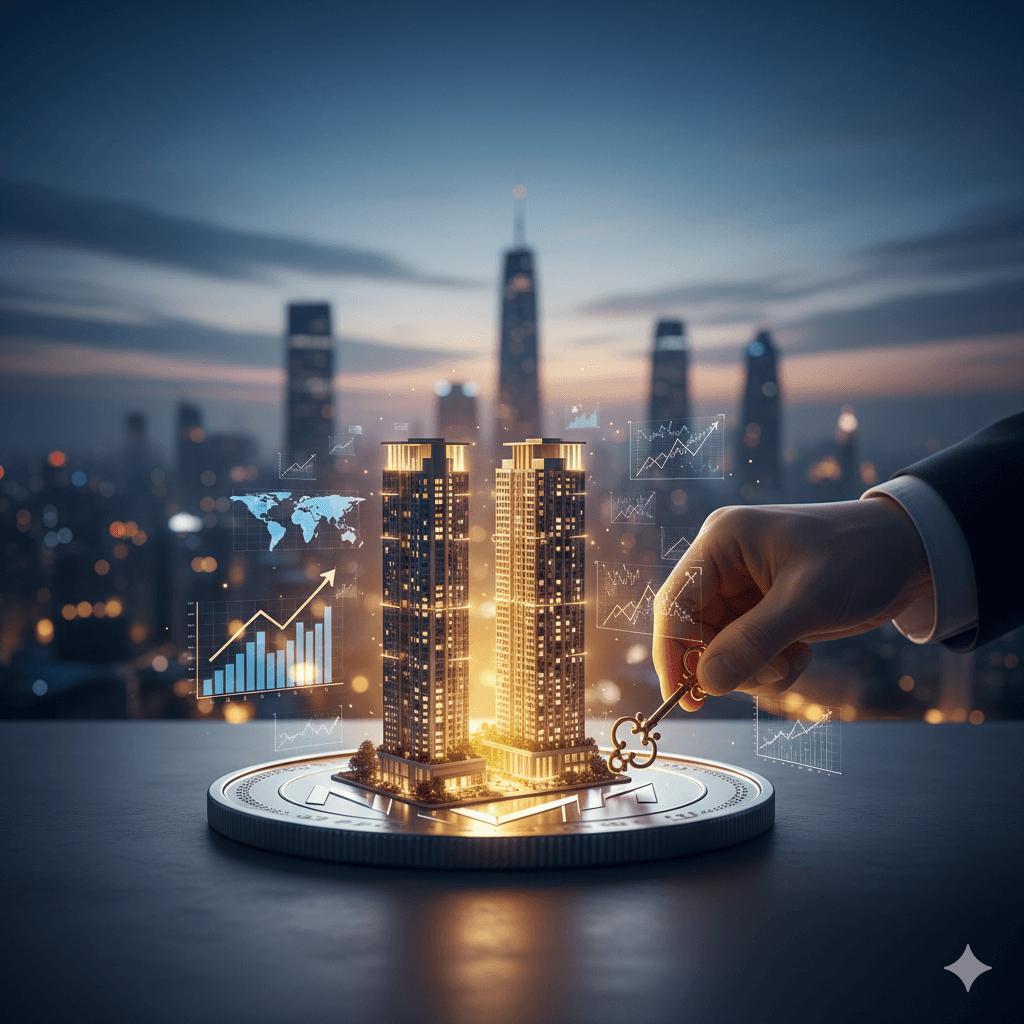 Miniature twin towers, hand placing key, real estate investment Noida