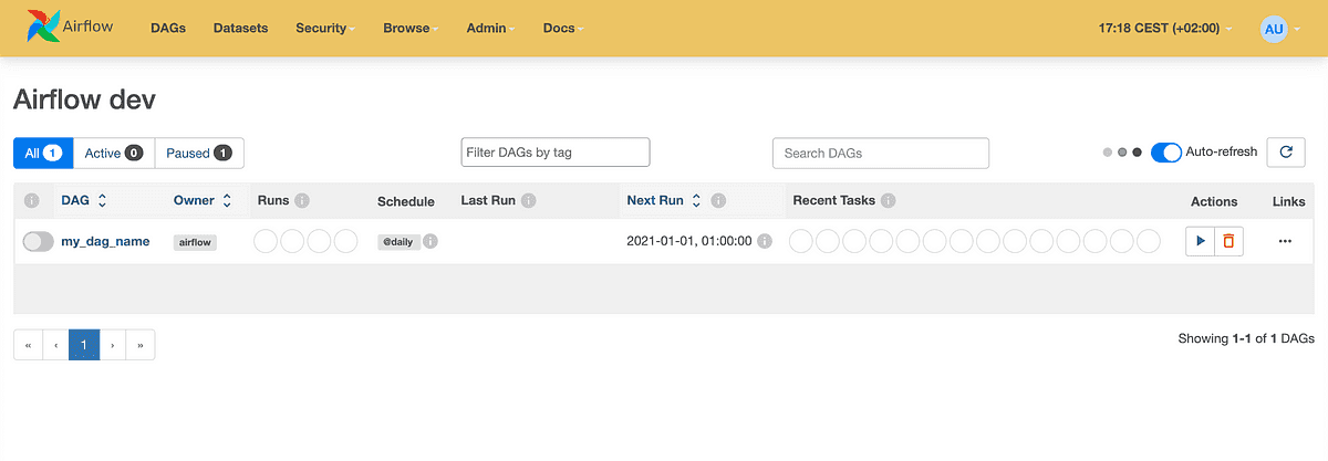 Screenshot of the Apache Airflow web interface displaying the 'Airflow dev' dashboard with a list of Directed Acyclic Graphs (DAGs). The interface shows one paused DAG named 'my_dag_name' with daily schedule, last run on 2021-01-01, and options for auto-refresh and additional actions