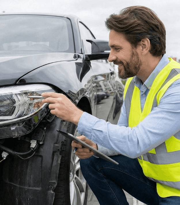 Zertifizierter KFZ-Gutachter von UnfallCheck Nord bei der professionellen Schadensaufnahme an einem Unfallfahrzeug.
