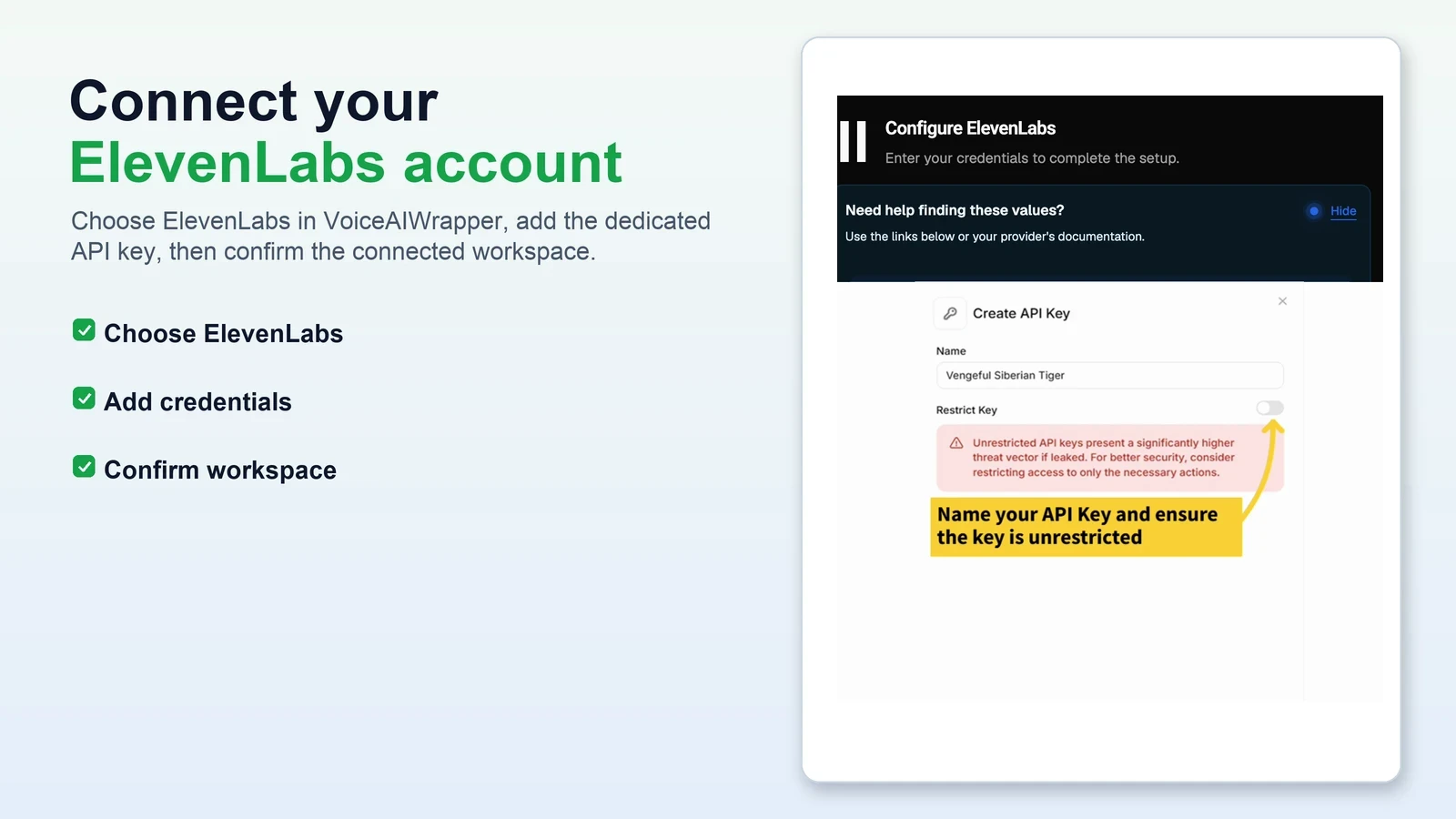 VoiceAIWrapper ElevenLabs connection row beside the three steps used to connect an agency account.